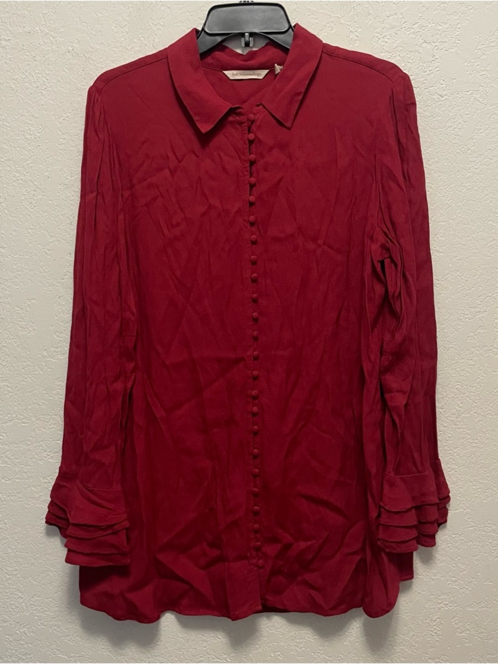 Soft Surroundings Blouse Red Crepe Ruffled Sleeve Poet Tunic Top Women's Size L